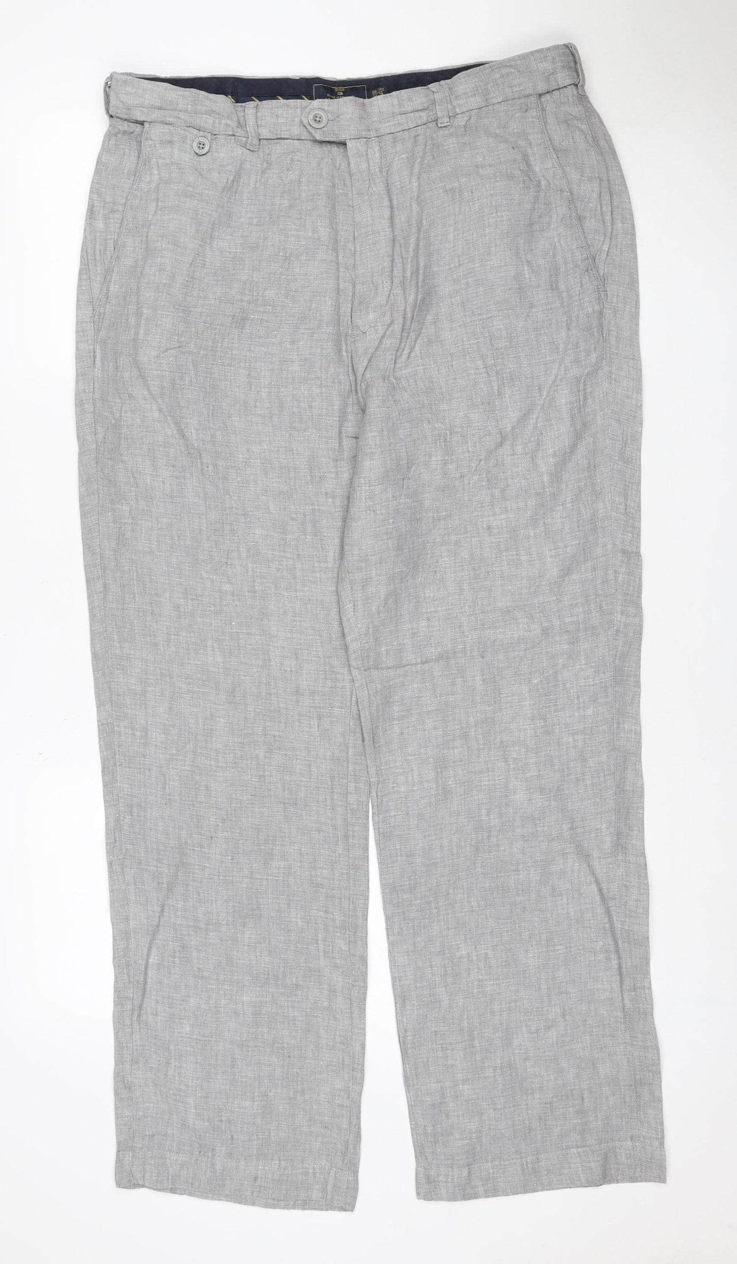 Marks and Spencer Men's Grey Linen 34in Straight Trousers 29in Leg