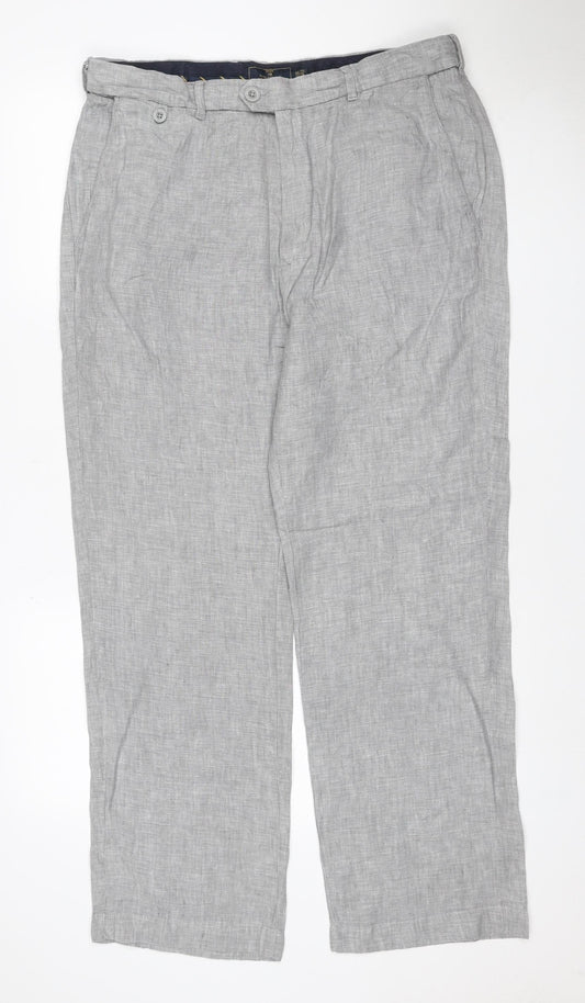 Marks and Spencer Men's Grey Linen 34in Straight Trousers 29in Leg