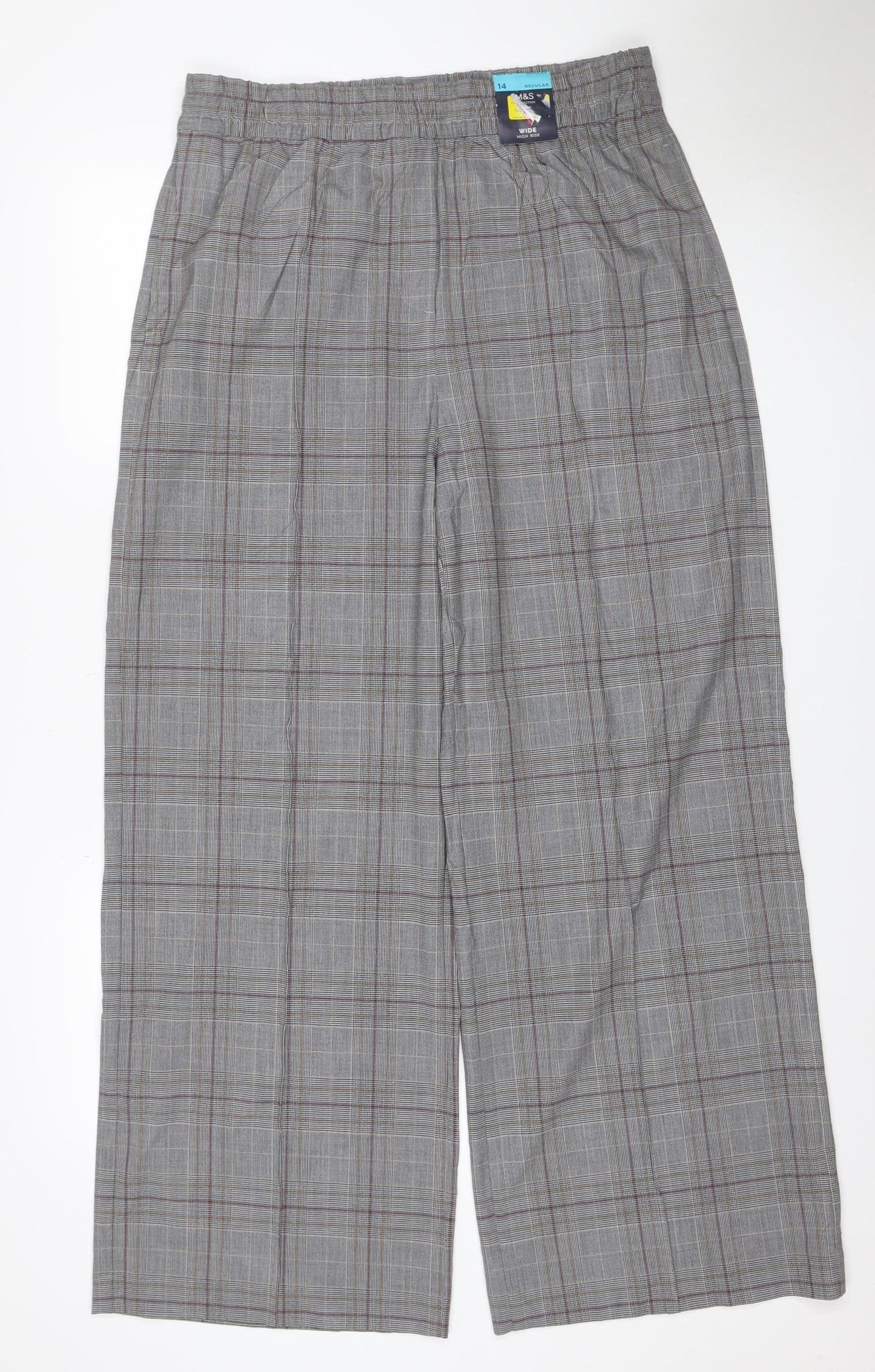 Marks & Spencer Women Grey Check Wide Leg Trousers UK 14 Regular