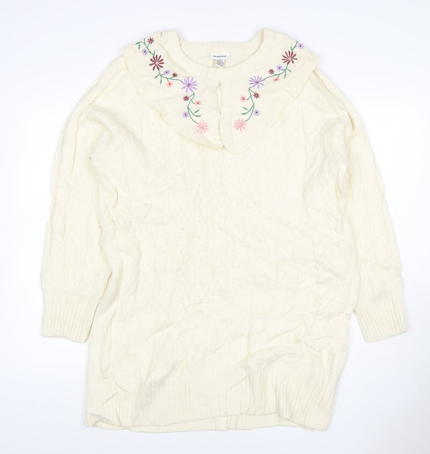 Neon Rose Women’s Ivory M Cable Knit Floral Embroidered Ruffle Jumper