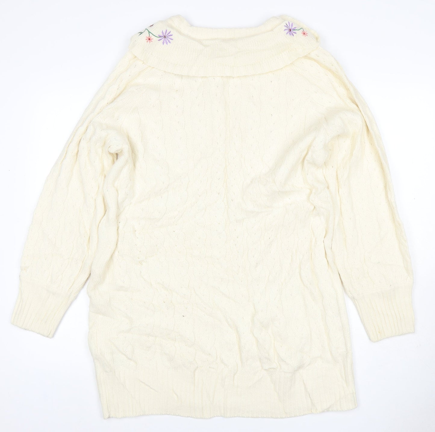 Neon Rose Women’s Ivory M Cable Knit Floral Embroidered Ruffle Jumper