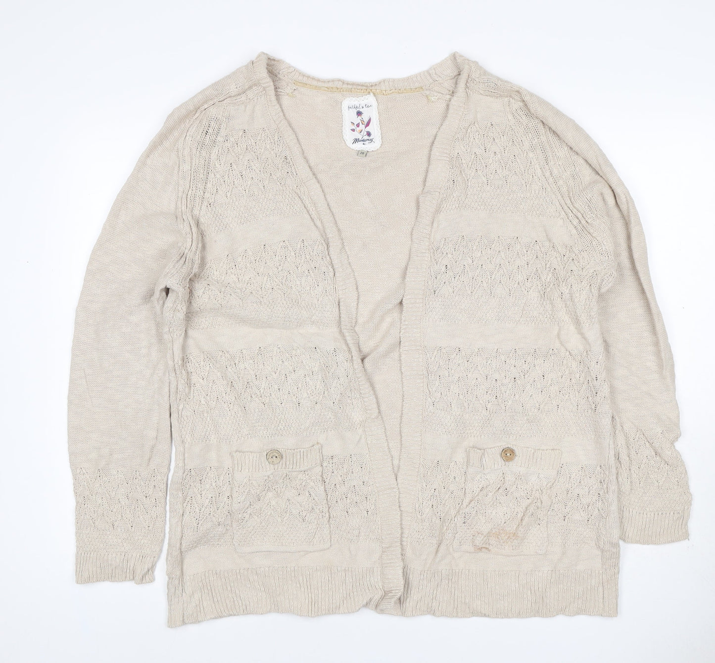 Mantaray Women Beige Size 20 Open Knit V-Neck Cotton Cardigan