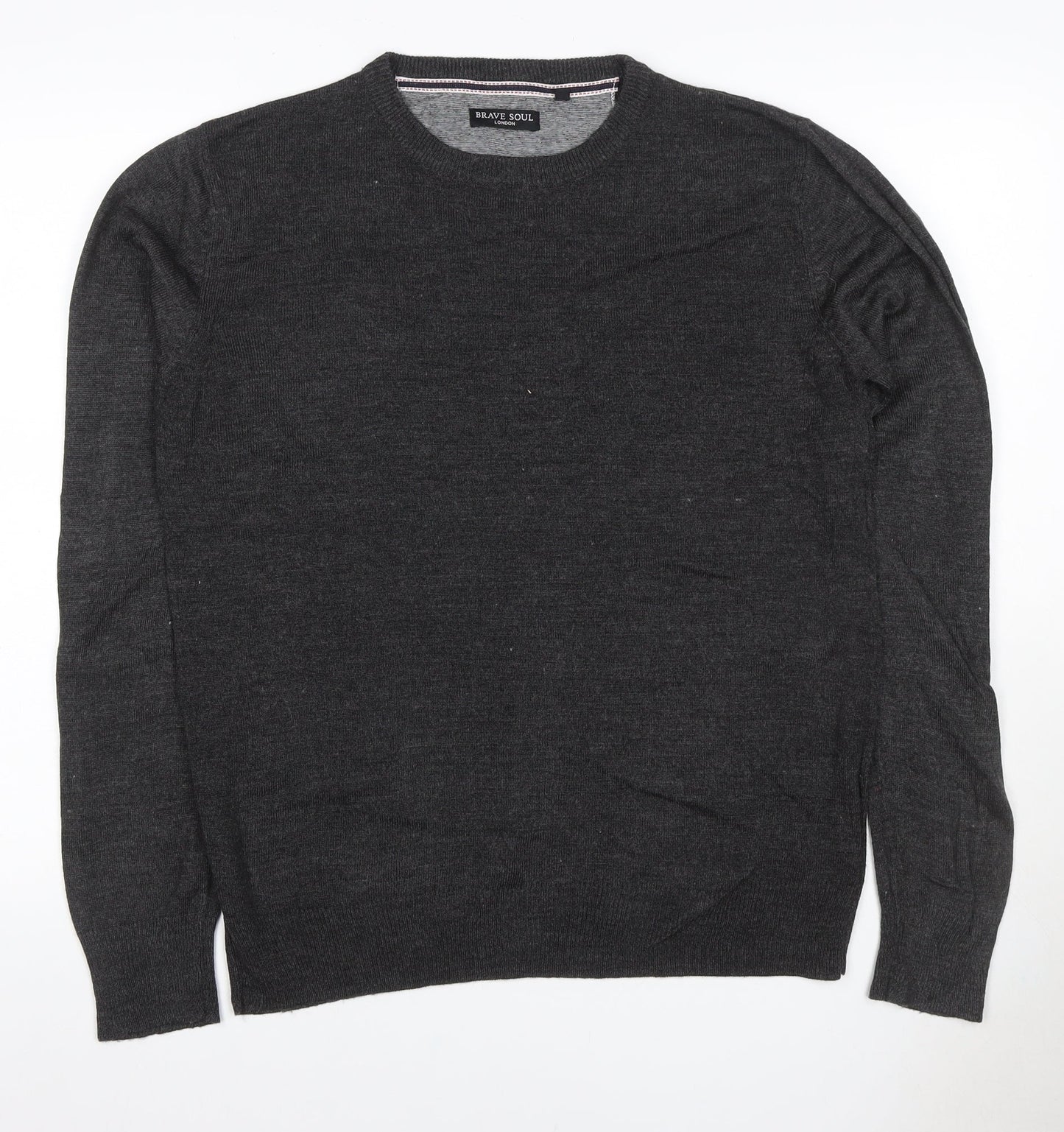 Brave Soul Men’s Grey M Crew Neck Fine Knit Acrylic Pullover Jumper