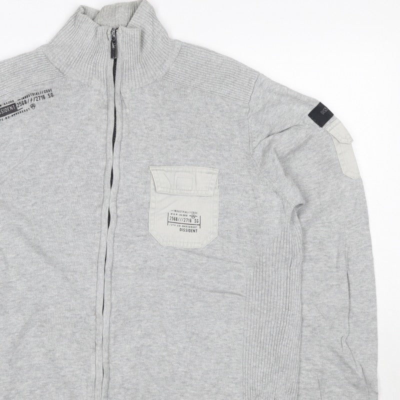 Dissident Men's Grey M Full Zip High Neck Knit Jumper Pocket Logo
