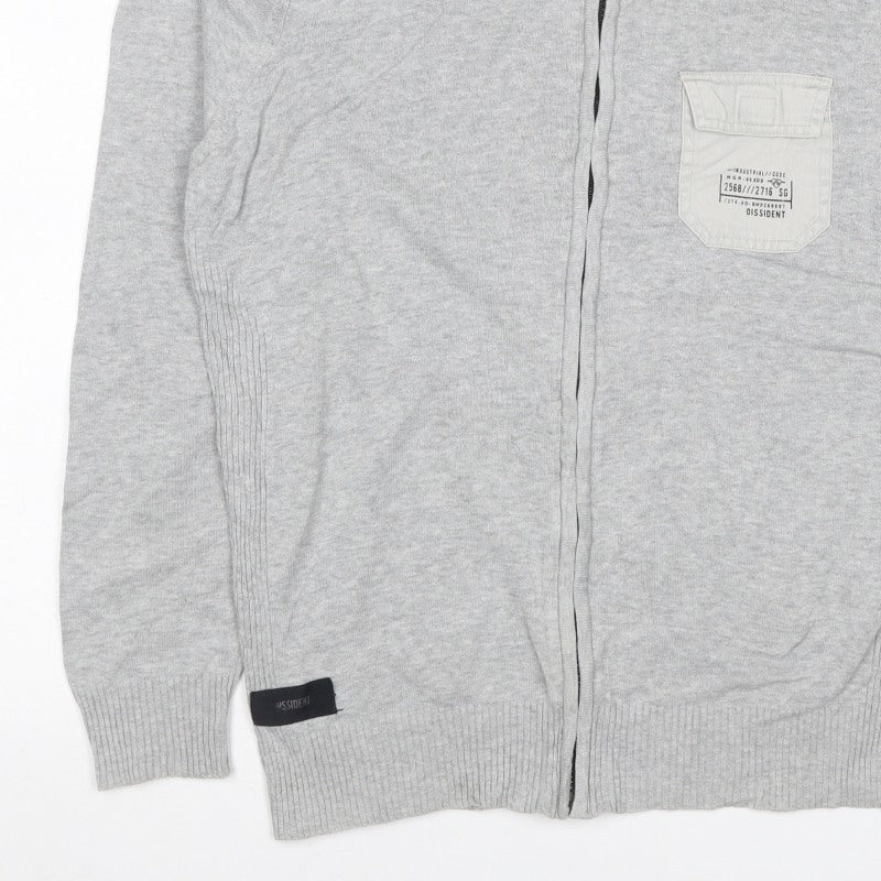 Dissident Men's Grey M Full Zip High Neck Knit Jumper Pocket Logo
