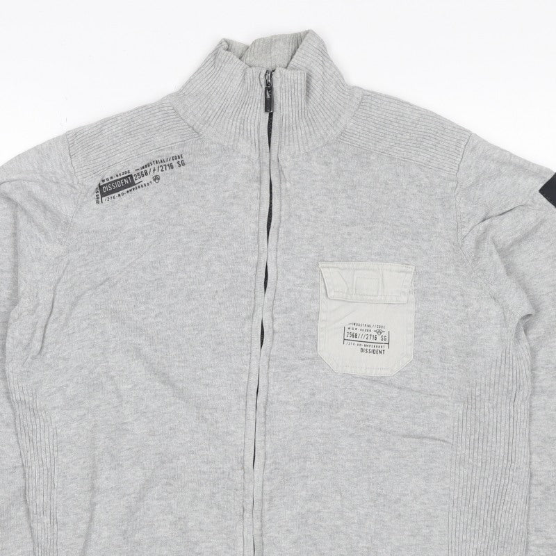 Dissident Men's Grey M Full Zip High Neck Knit Jumper Pocket Logo