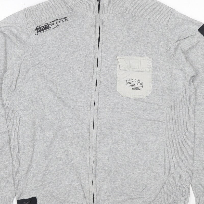 Dissident Men's Grey M Full Zip High Neck Knit Jumper Pocket Logo