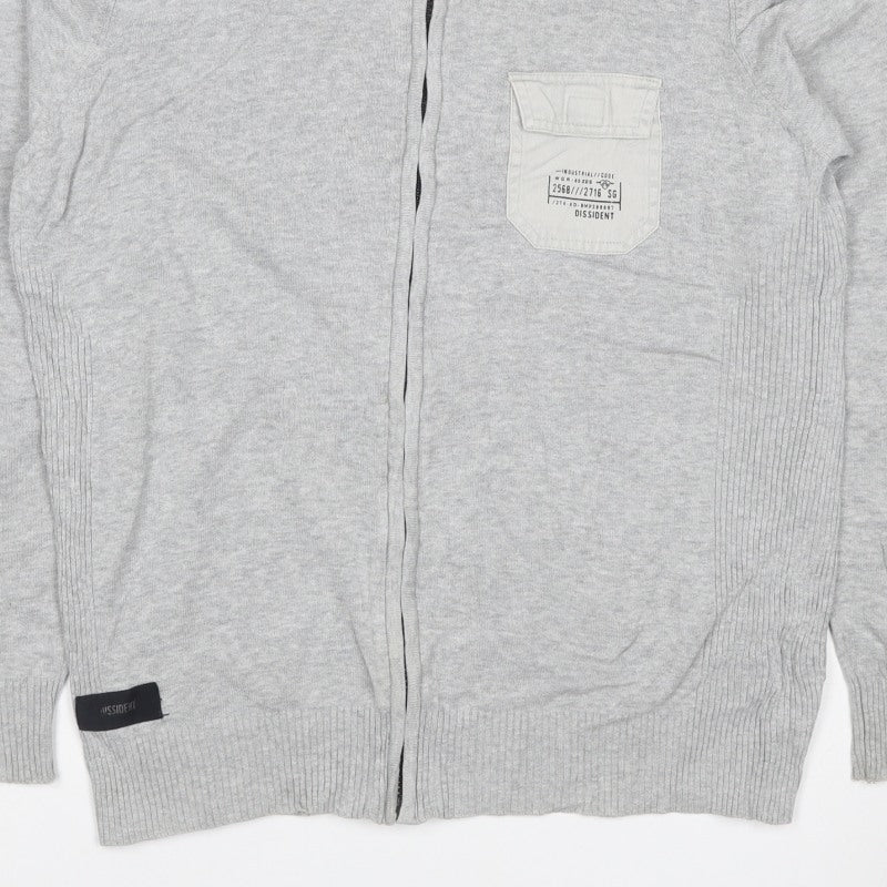 Dissident Men's Grey M Full Zip High Neck Knit Jumper Pocket Logo