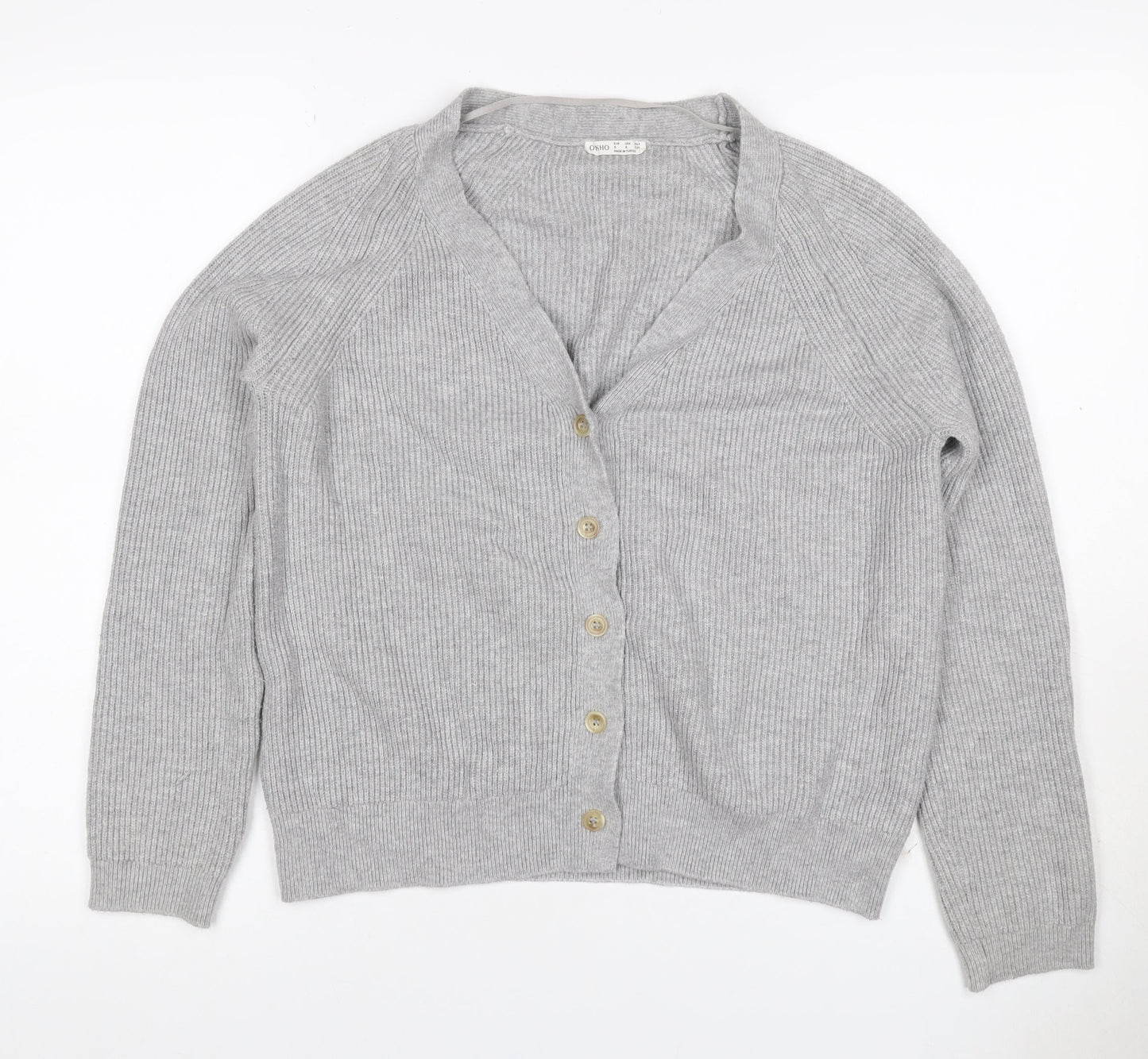 Oysho Women Grey S Rib Knit V-Neck Button Cardigan