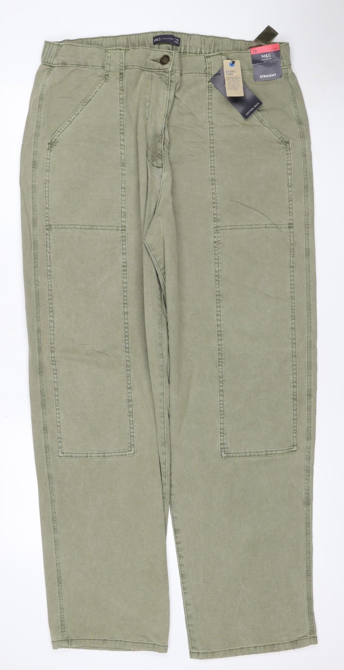 Marks and Spencer Women Green UK 18 Long Straight Cotton Rich Cargo Trousers