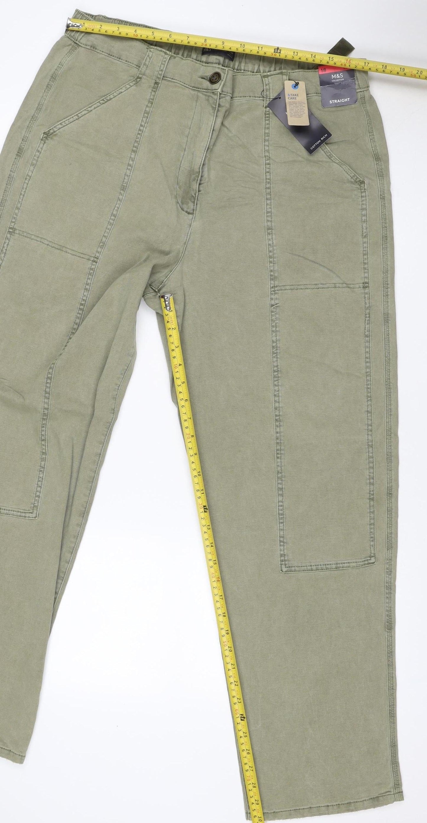 Marks and Spencer Women Green UK 18 Long Straight Cotton Rich Cargo Trousers