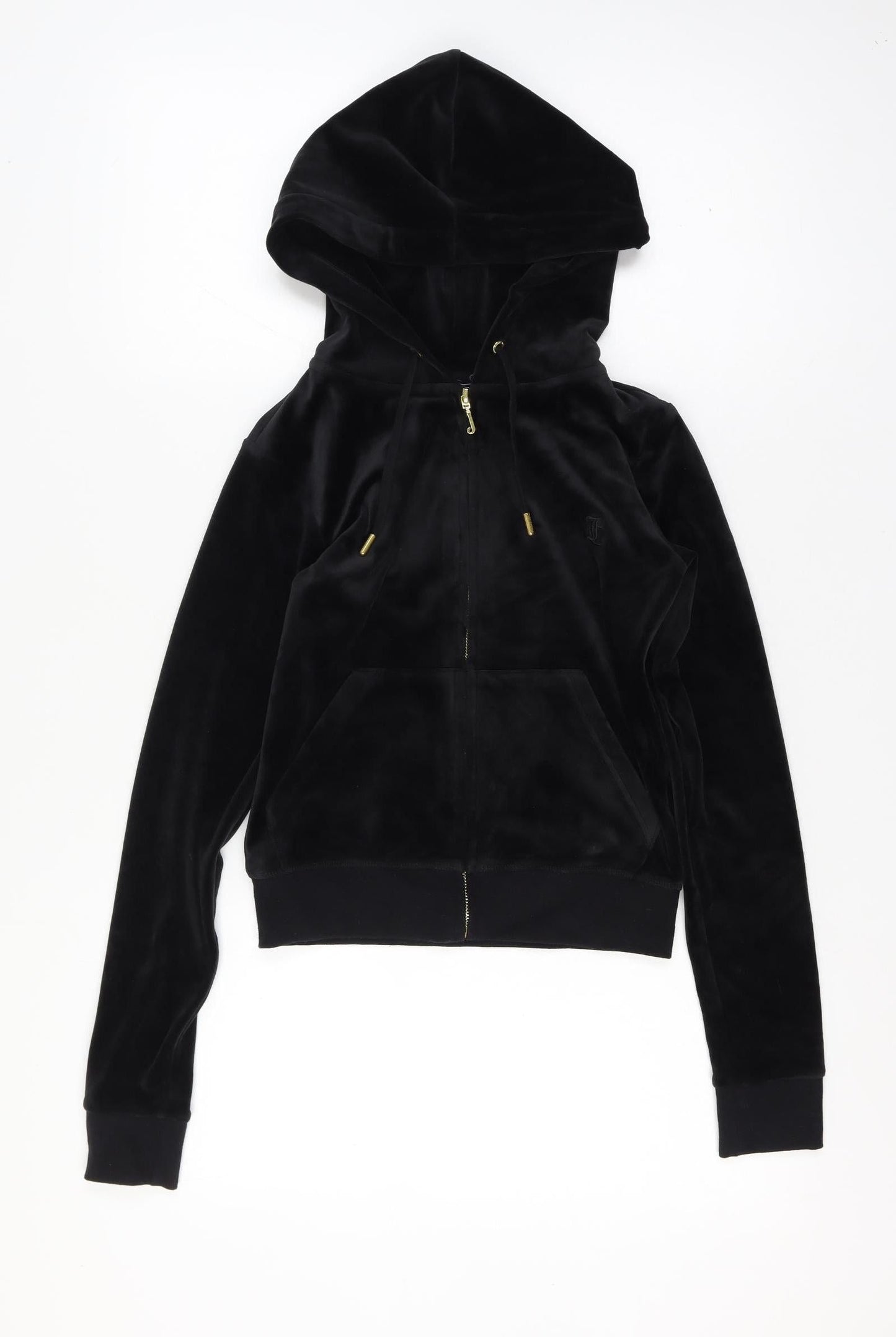 Juicy Couture Women Size 8 Black Velour Full Zip Hooded Hoodie