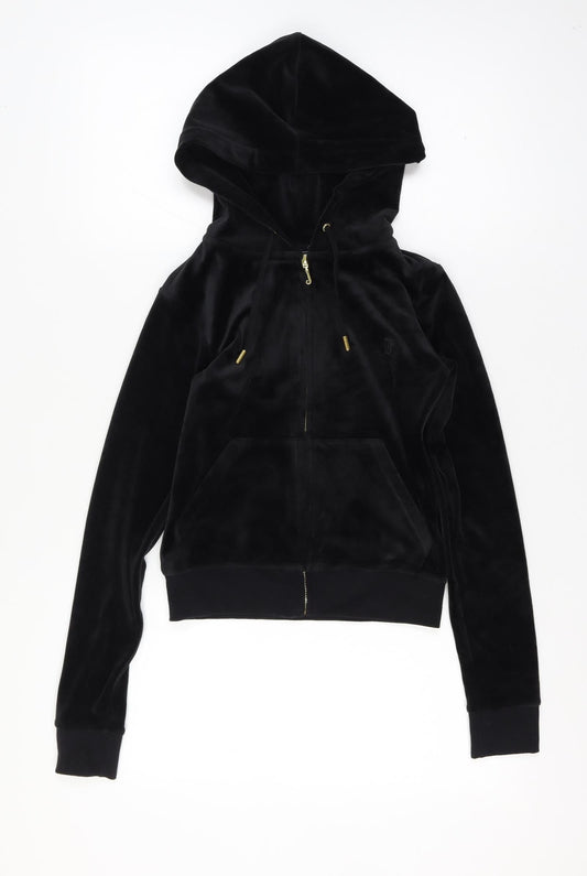 Juicy Couture Women Size 8 Black Velour Full Zip Hooded Hoodie