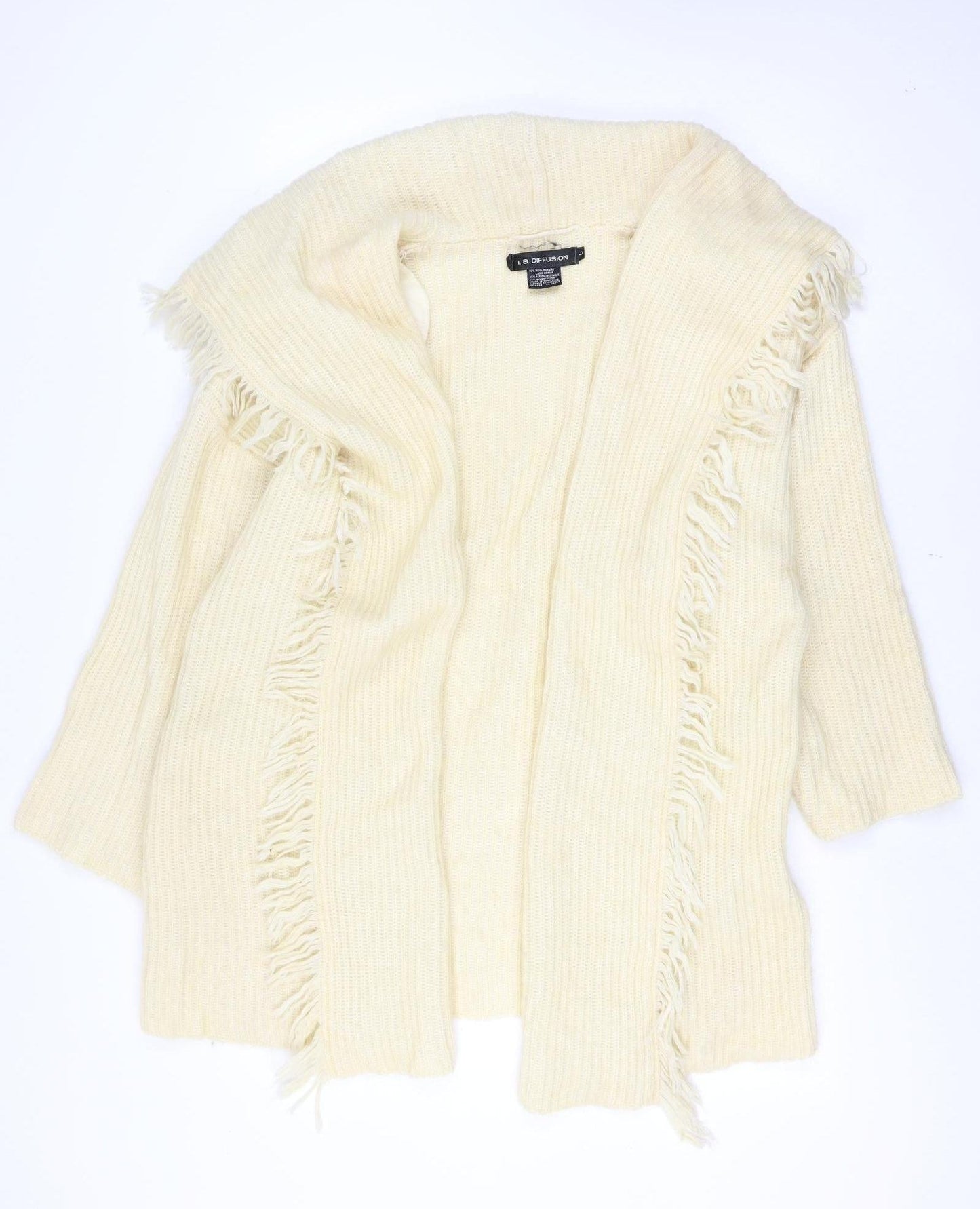 I.B. Diffusion Women Ivory L Mohair Wool Fringe Open Cardigan