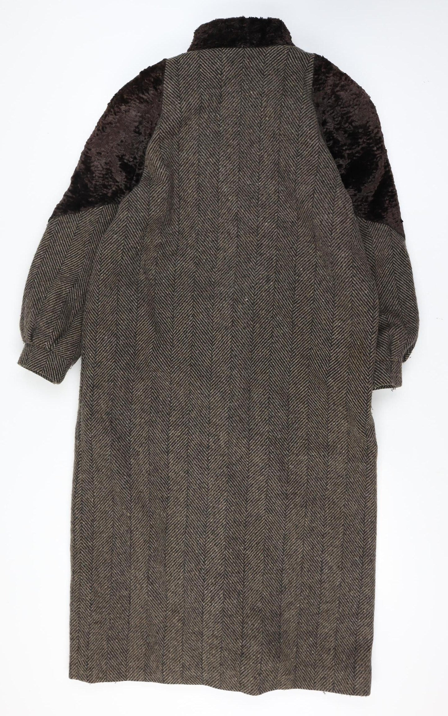 Luba Paris Women Brown Size 16 Wool Fur Trim Herringbone Long Overcoat