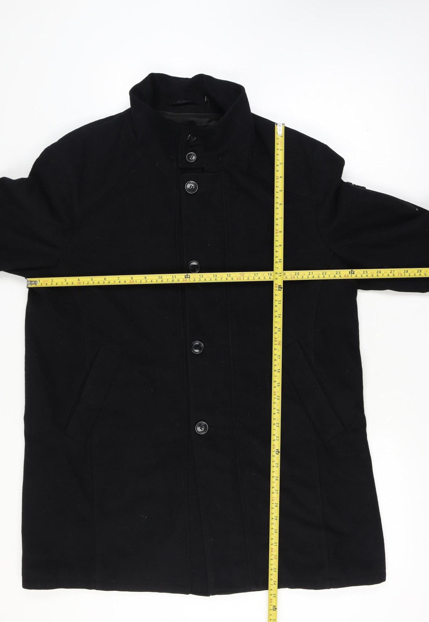Nautica Men’s Chest 46 Black Mid-Length Stand Collar Button Overcoat Lined
