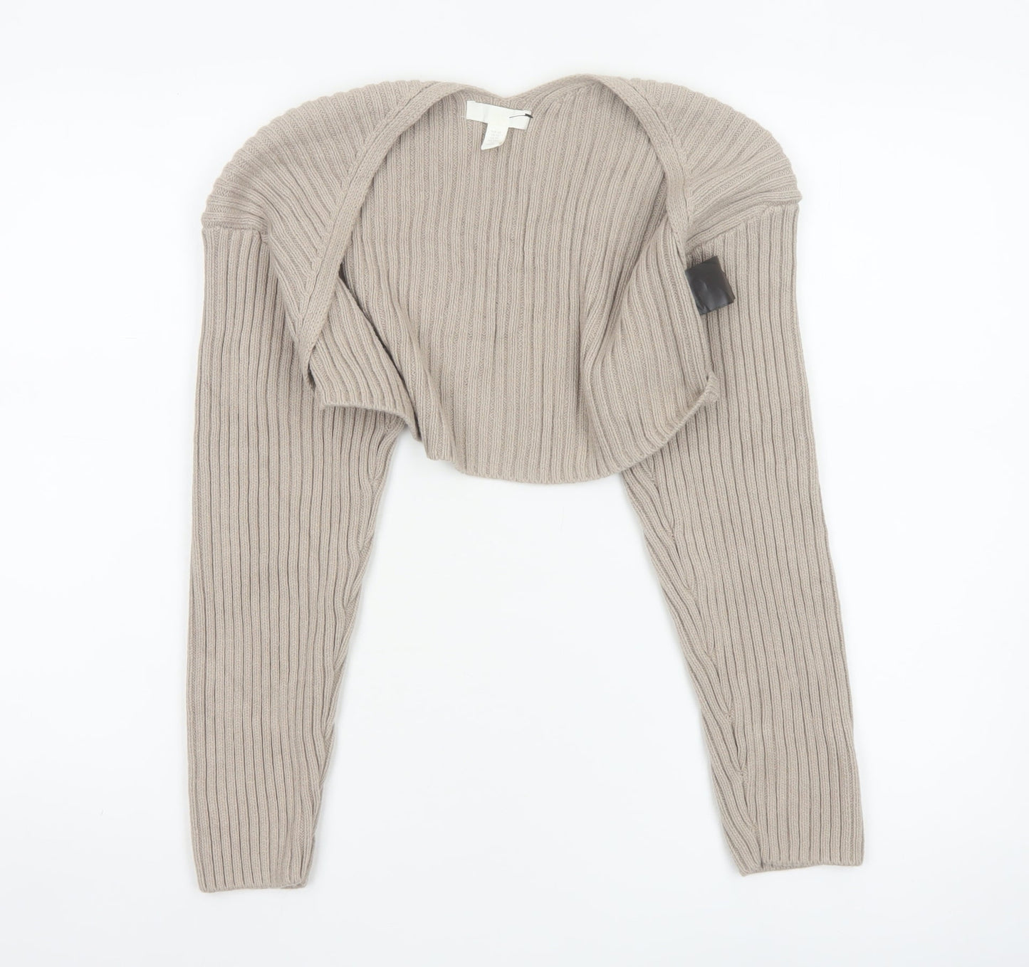 H&M Women Beige XS Cropped Open Rib Knit Cable Cardigan Long Sleeve