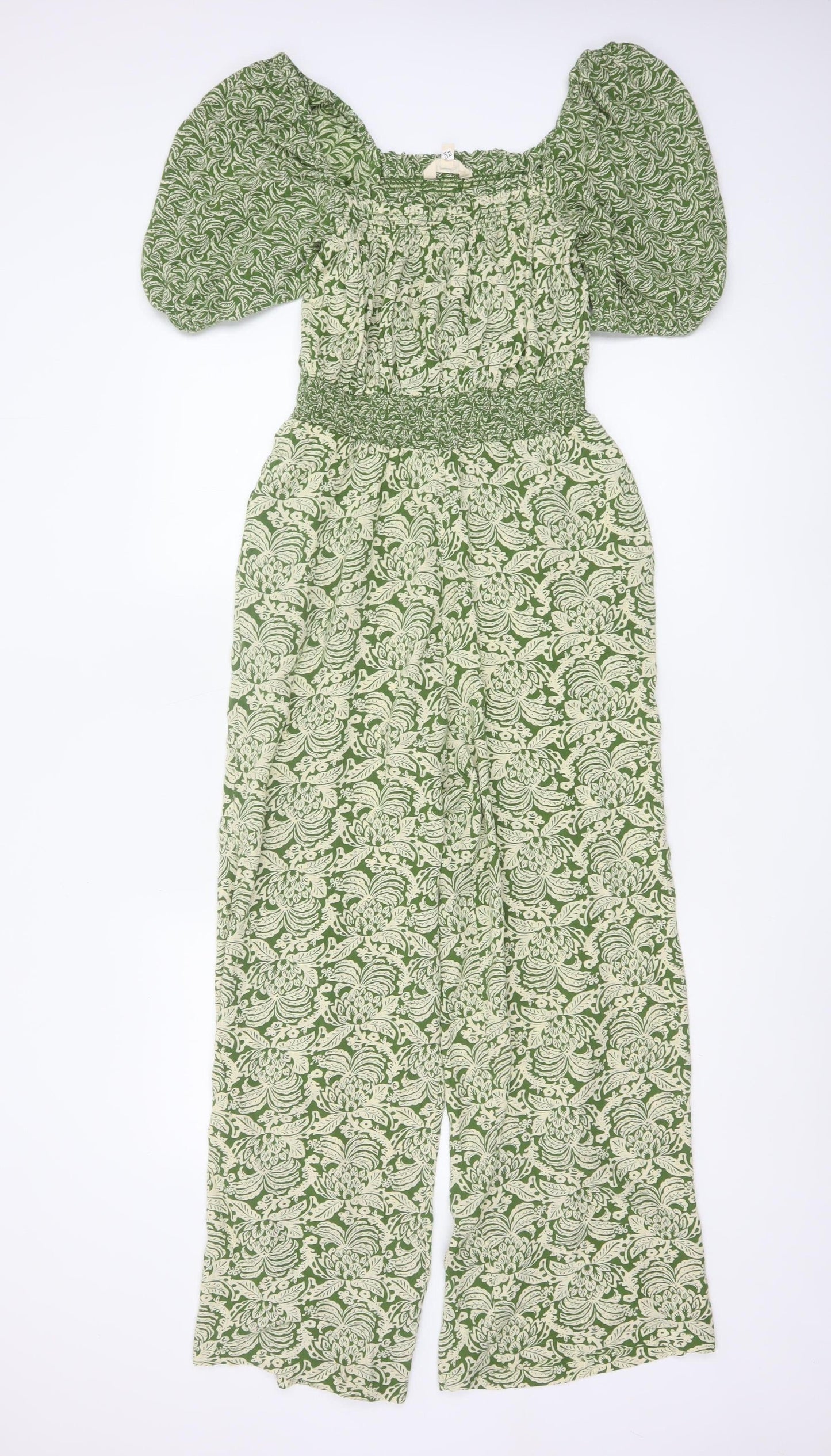 FatFace Women Green Floral UK 8R Puff Sleeve Wide-Leg Jumpsuit
