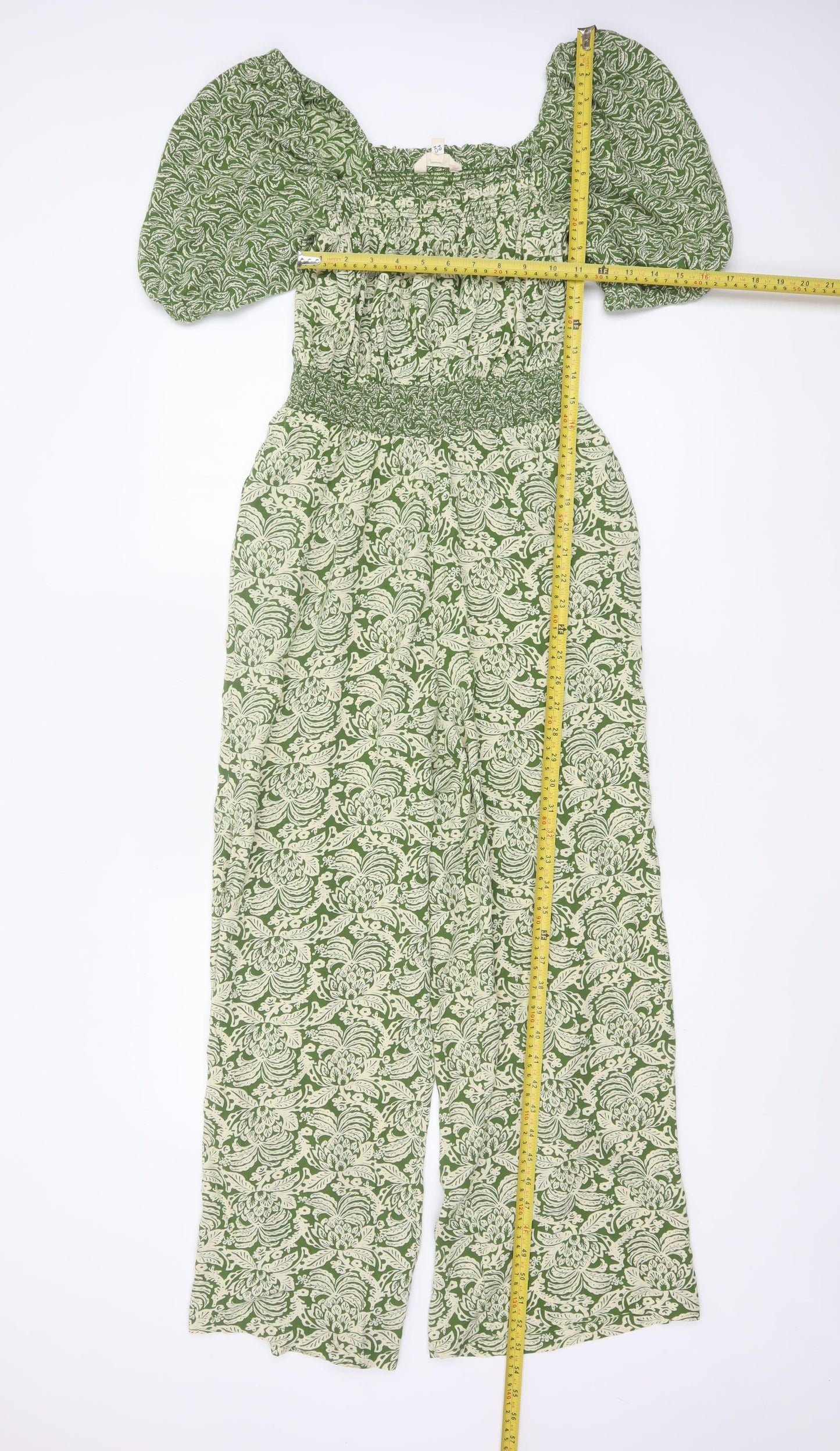 FatFace Women Green Floral UK 8R Puff Sleeve Wide-Leg Jumpsuit