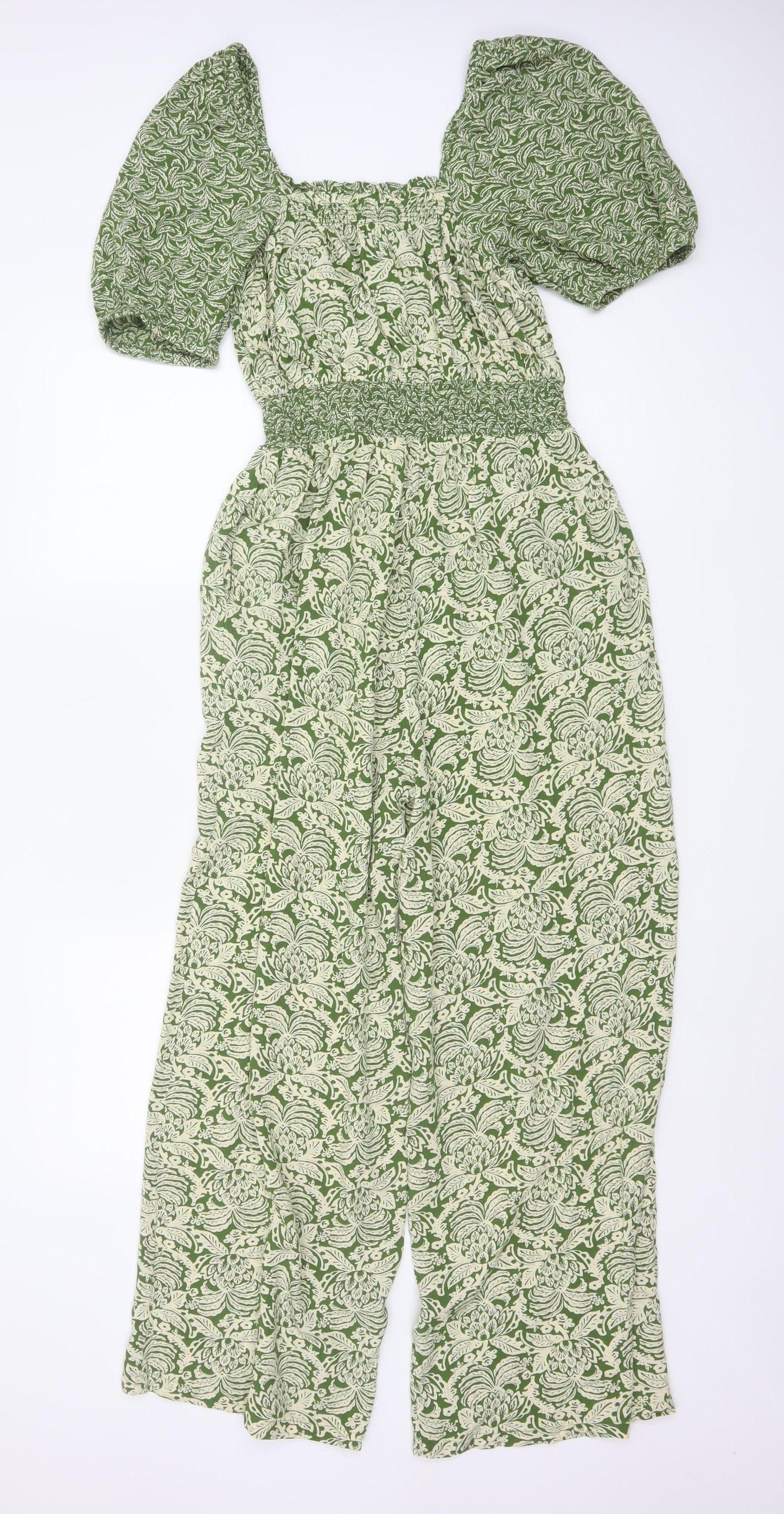 FatFace Women Green Floral UK 8R Puff Sleeve Wide-Leg Jumpsuit