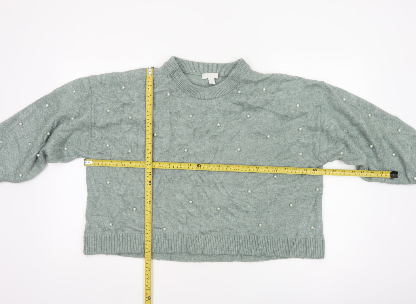H&M Women Green XL Pearl Beaded Mock Neck Balloon Sleeve Jumper