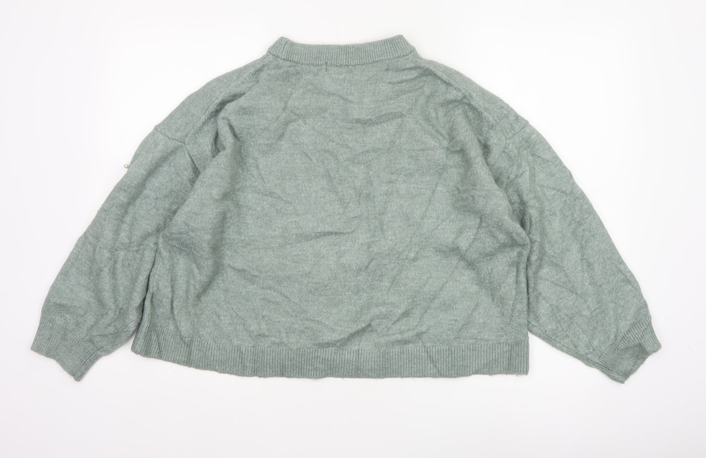 H&M Women Green XL Pearl Beaded Mock Neck Balloon Sleeve Jumper