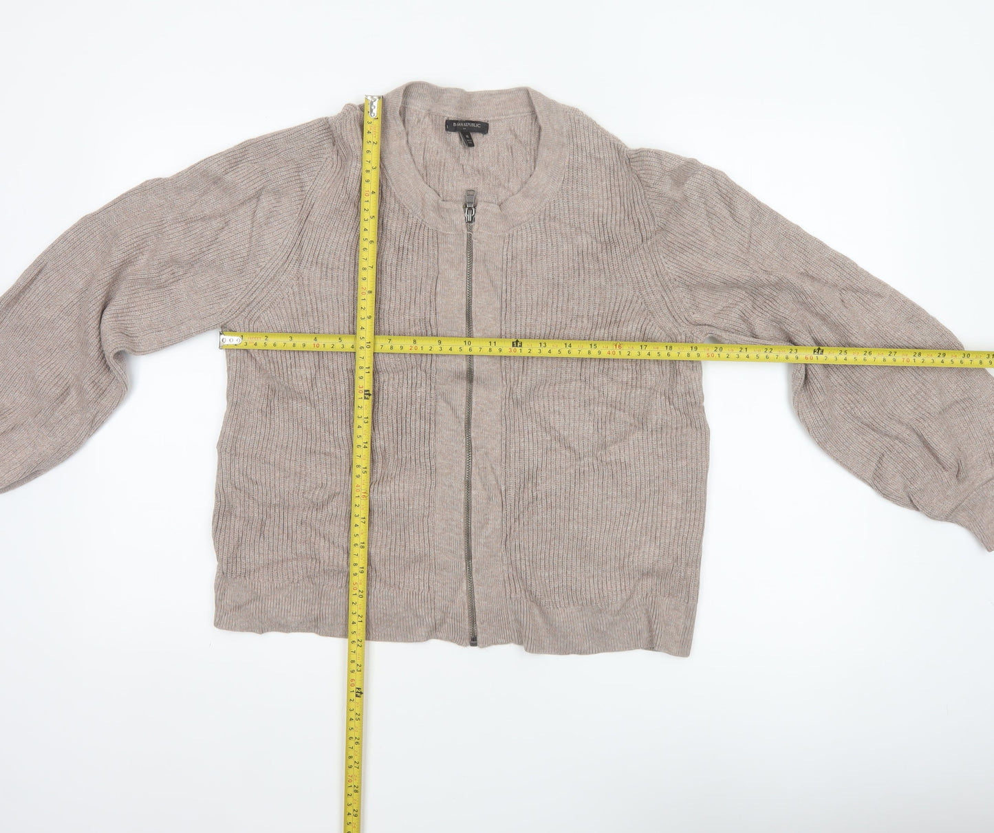 Banana Republic Women Beige M Full Zip Ribbed Knit Cardigan