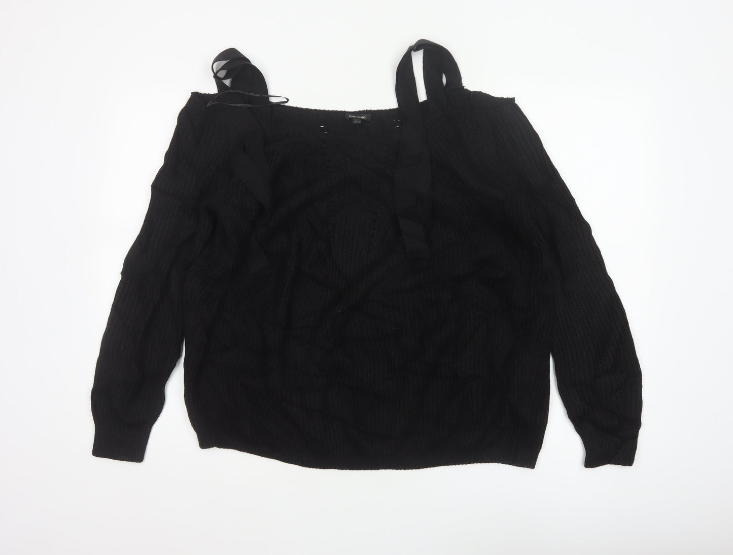 River Island Women's Black UK 10 Tie Shoulder Cable Knit Jumper