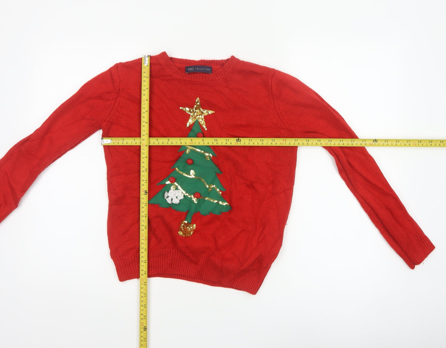 Marks and Spencer Women Red Small Christmas Tree Sequin Ugly Jumper