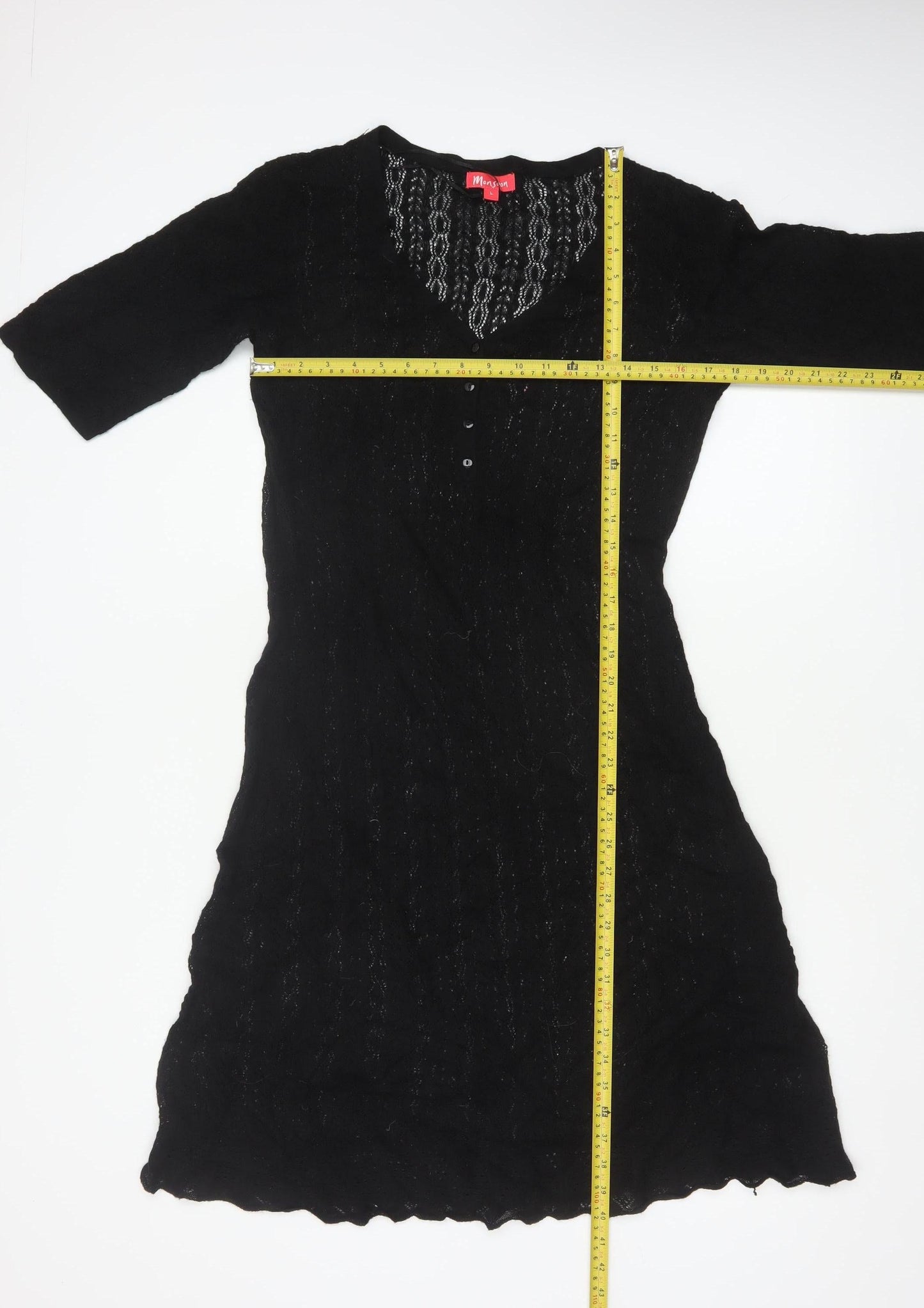 Monsoon Women Black L A-Line Knit Long V-Neck Button Dress