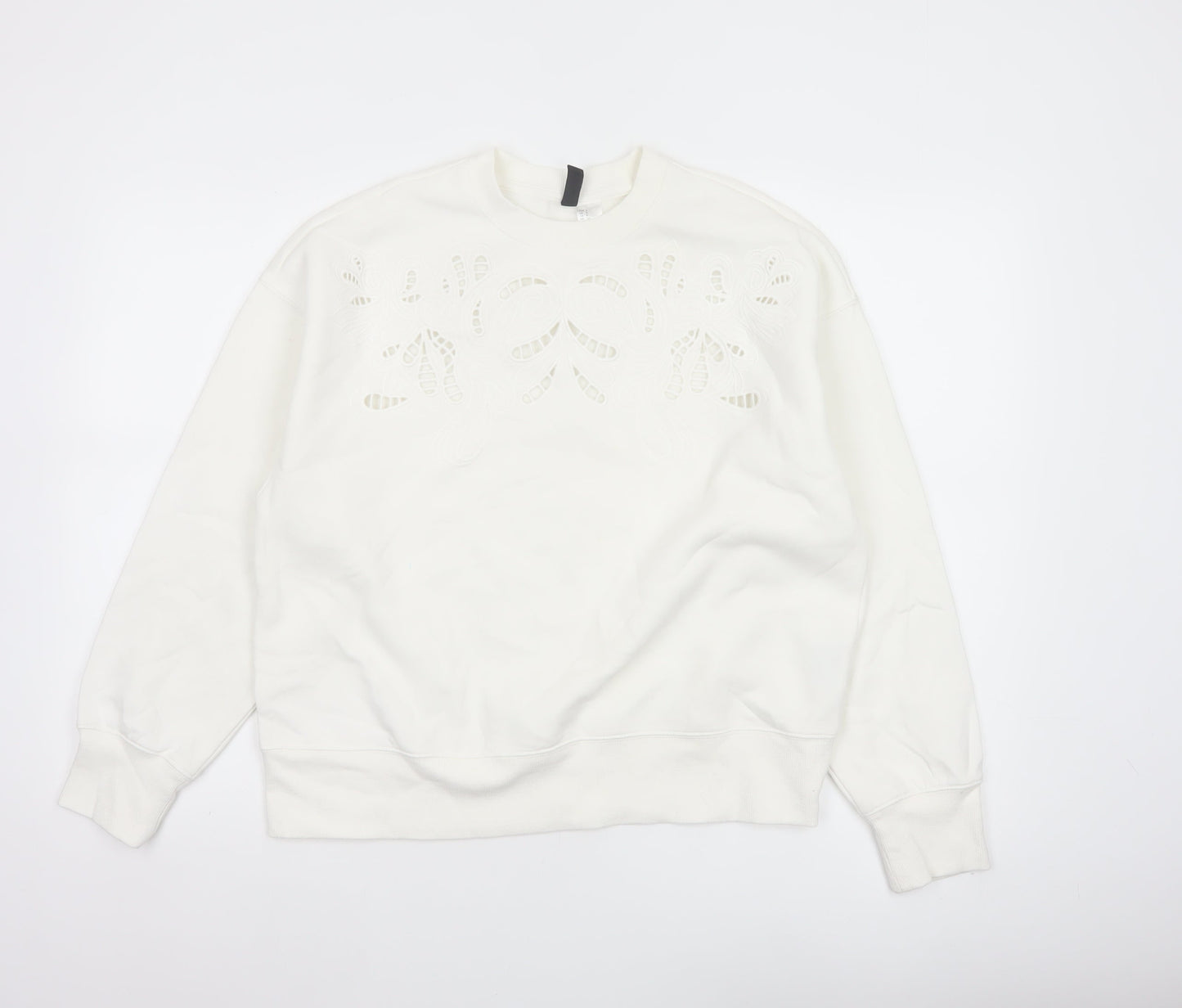 H&M Women Ivory S Floral Embroidered Cutwork Crew Neck Sweatshirt