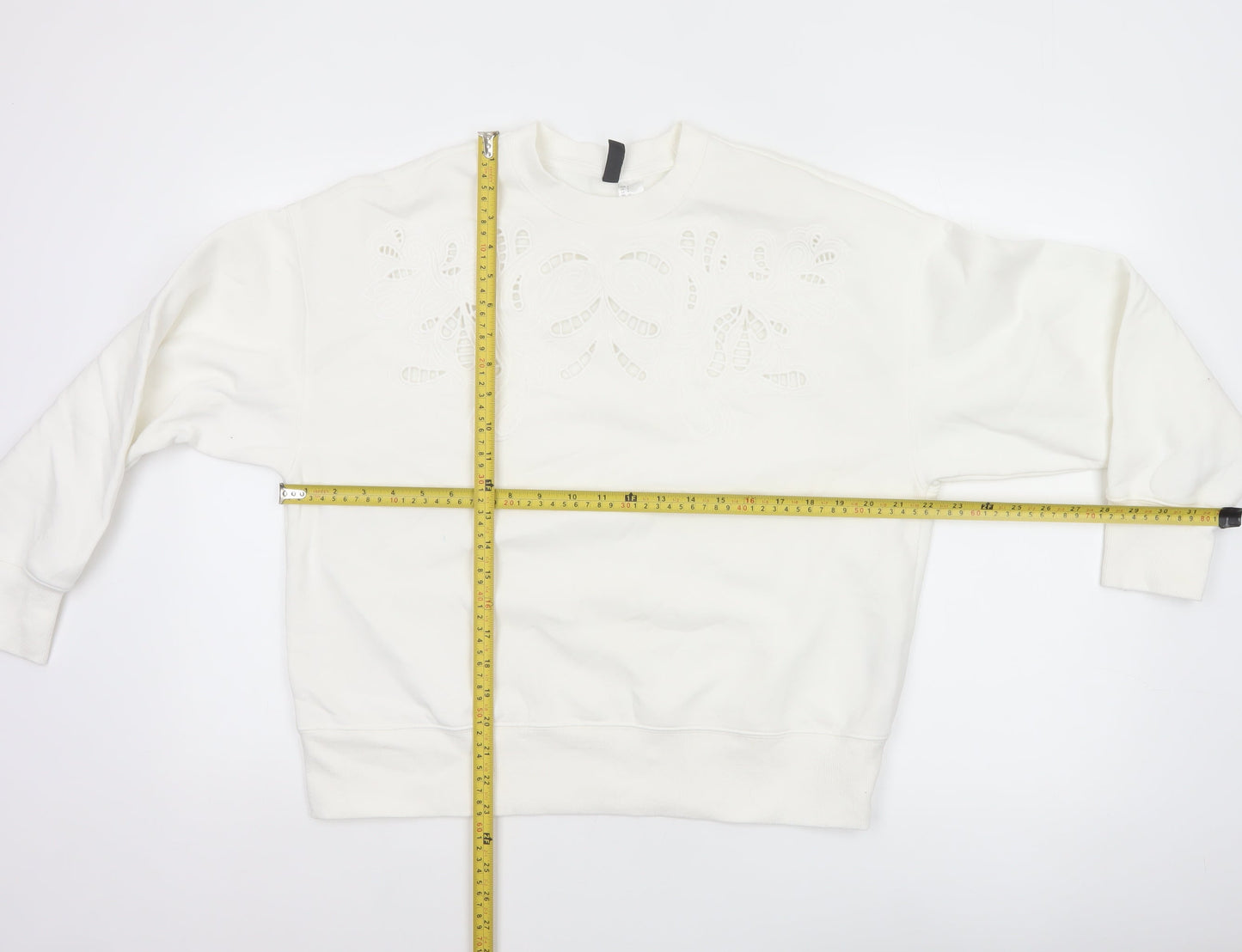 H&M Women Ivory S Floral Embroidered Cutwork Crew Neck Sweatshirt