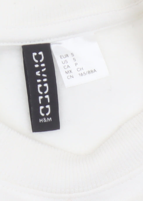 H&M Women Ivory S Floral Embroidered Cutwork Crew Neck Sweatshirt