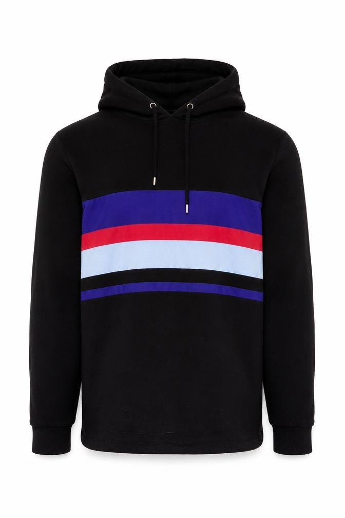Front view of ASOS Men’s Black S Pullover Hoodie Colour Block Striped Cotton