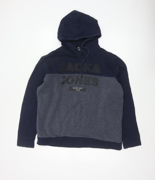 Jack & Jones Men Navy Grey L Pullover Hoodie Logo Graphic