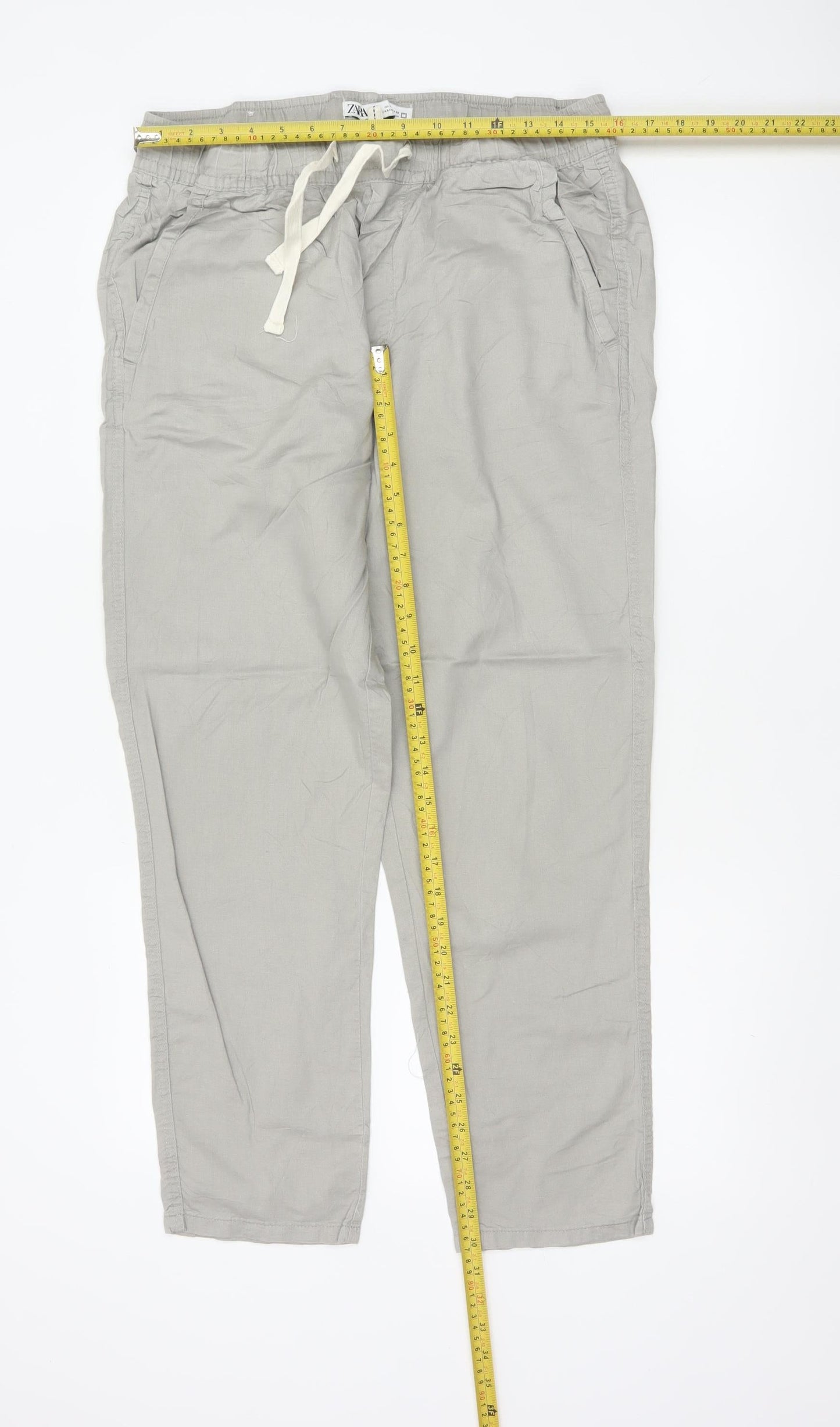 Zara Women Grey L Linen Blend Drawstring Tapered Trousers