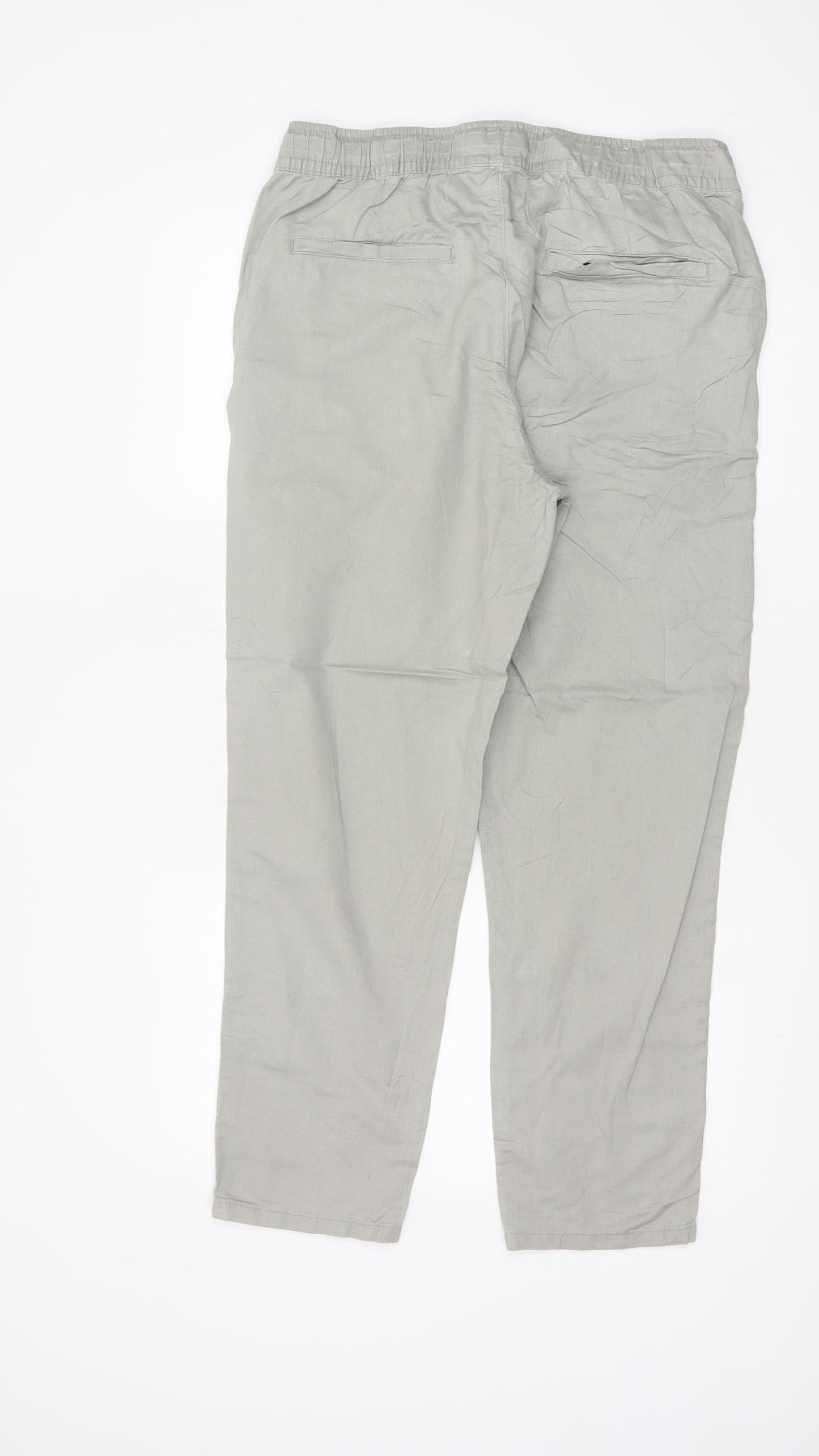 Zara Women Grey L Linen Blend Drawstring Tapered Trousers