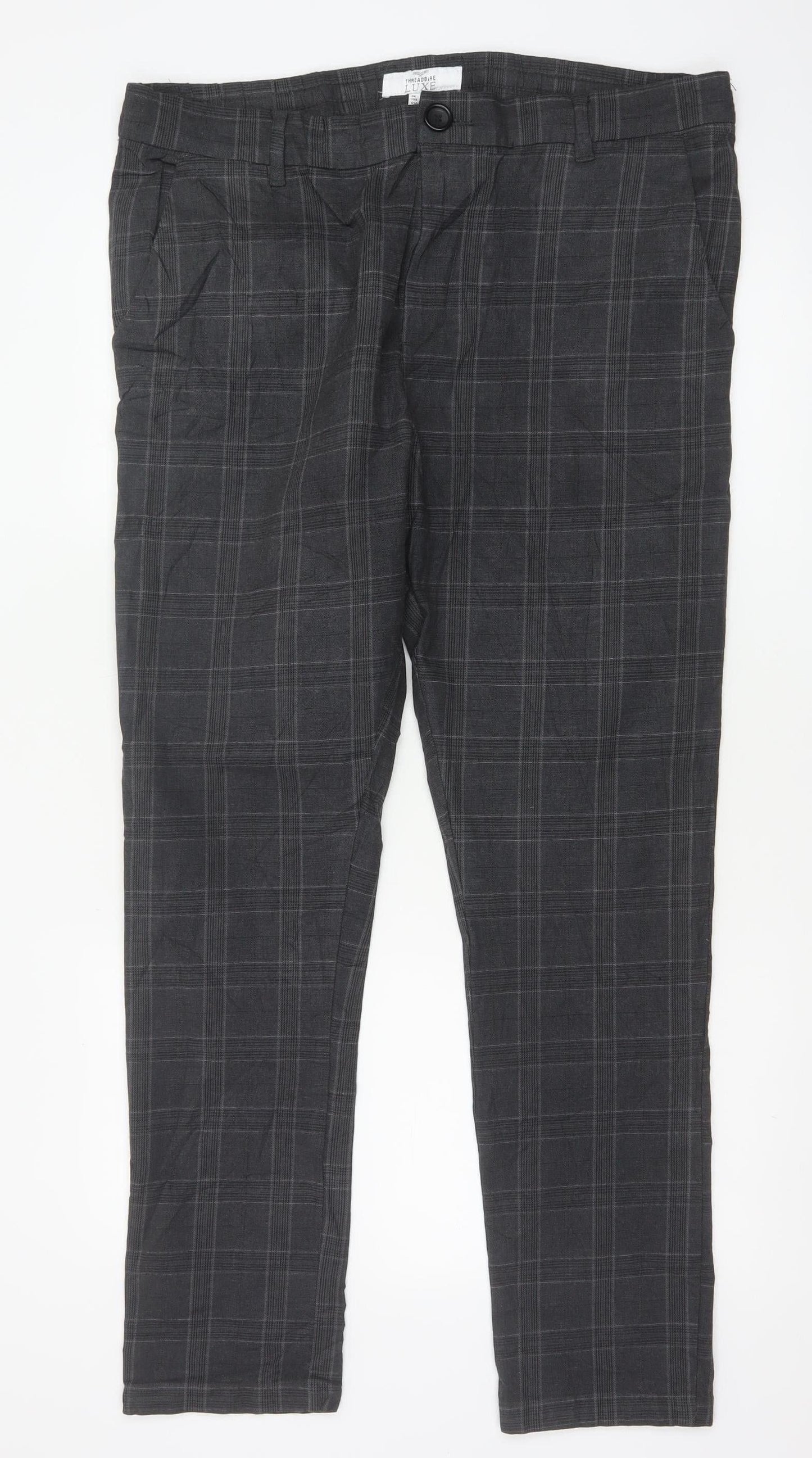 Threadbare Luxe Men’s Grey Check Slim Tapered Chino Trousers UK 38