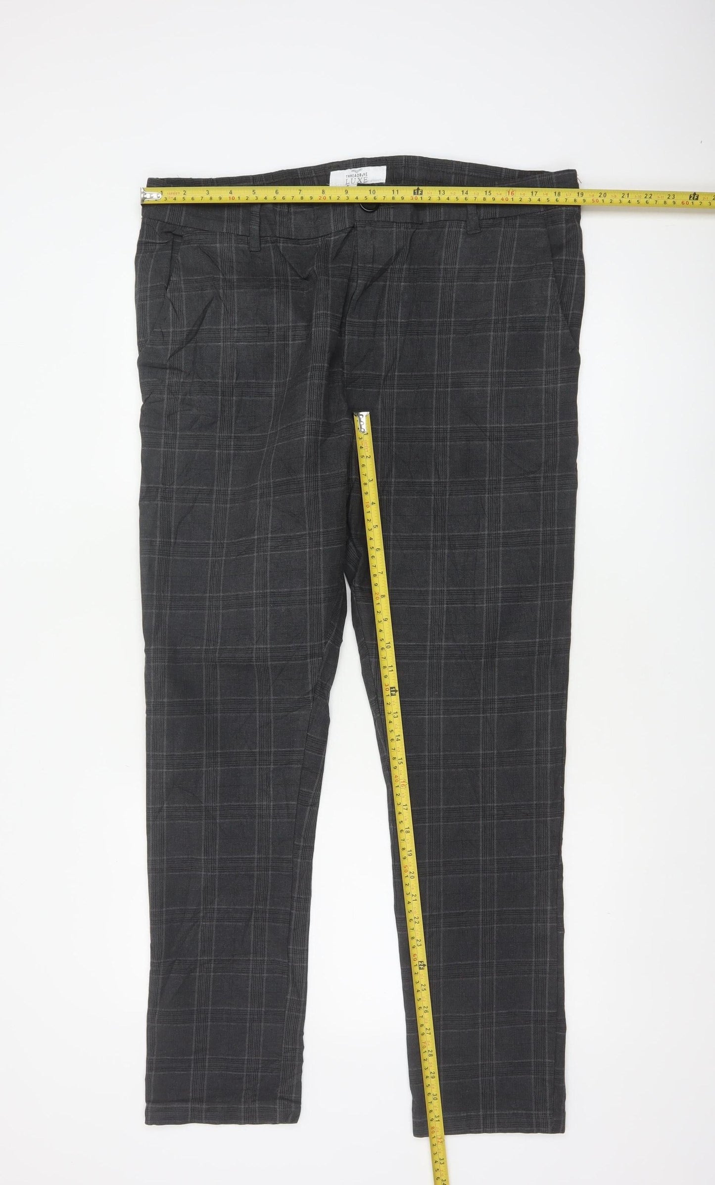 Threadbare Luxe Men’s Grey Check Slim Tapered Chino Trousers UK 38