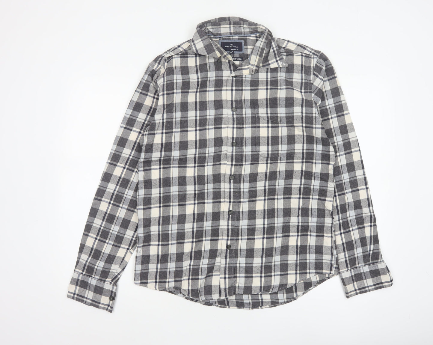 M&S Blue Harbour Men Grey Check Brushed Cotton Shirt Small Regular Fit