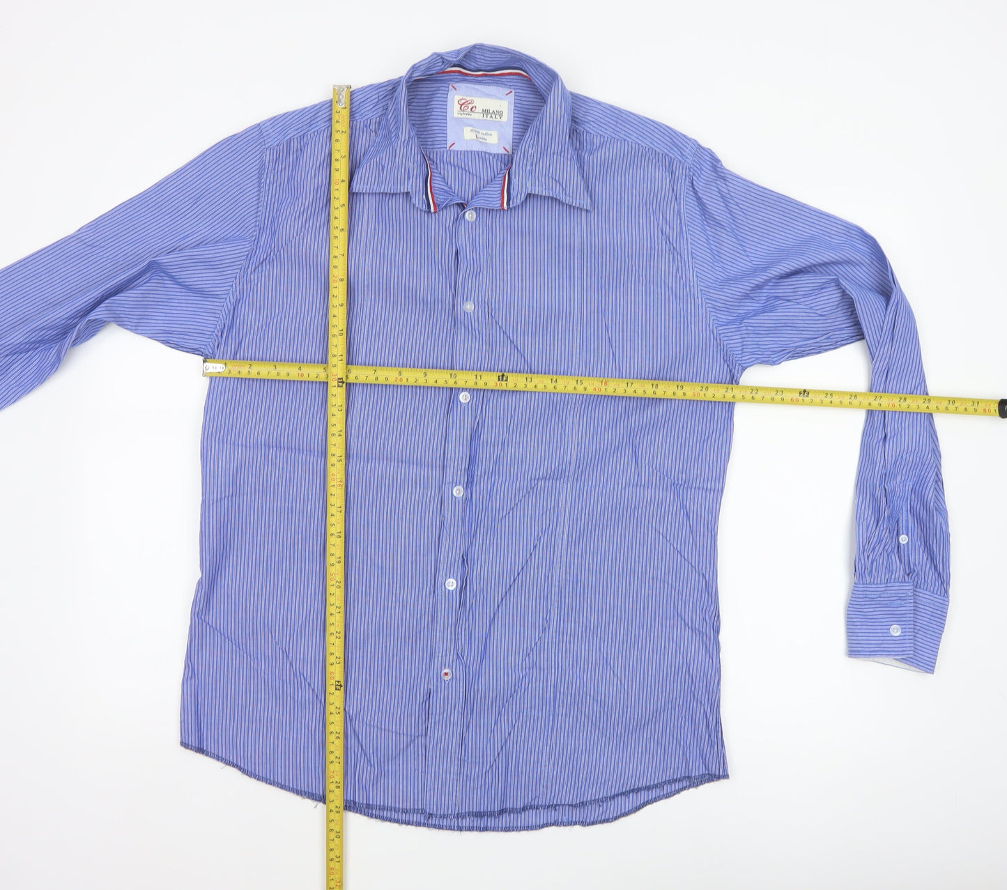 Cc Milano Italy Men’s Blue Striped Cotton Button-Up Shirt Size L