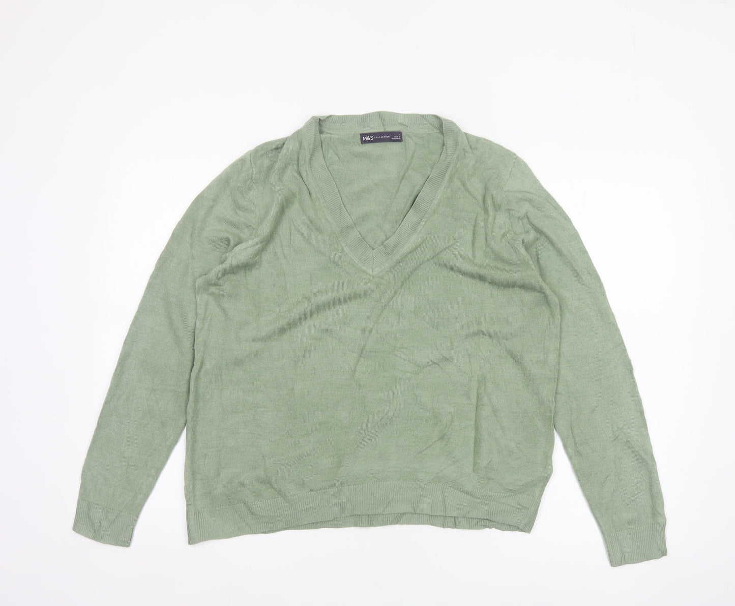 Marks & Spencer Women Green L V-Neck Long Sleeve Knit Pullover Jumper