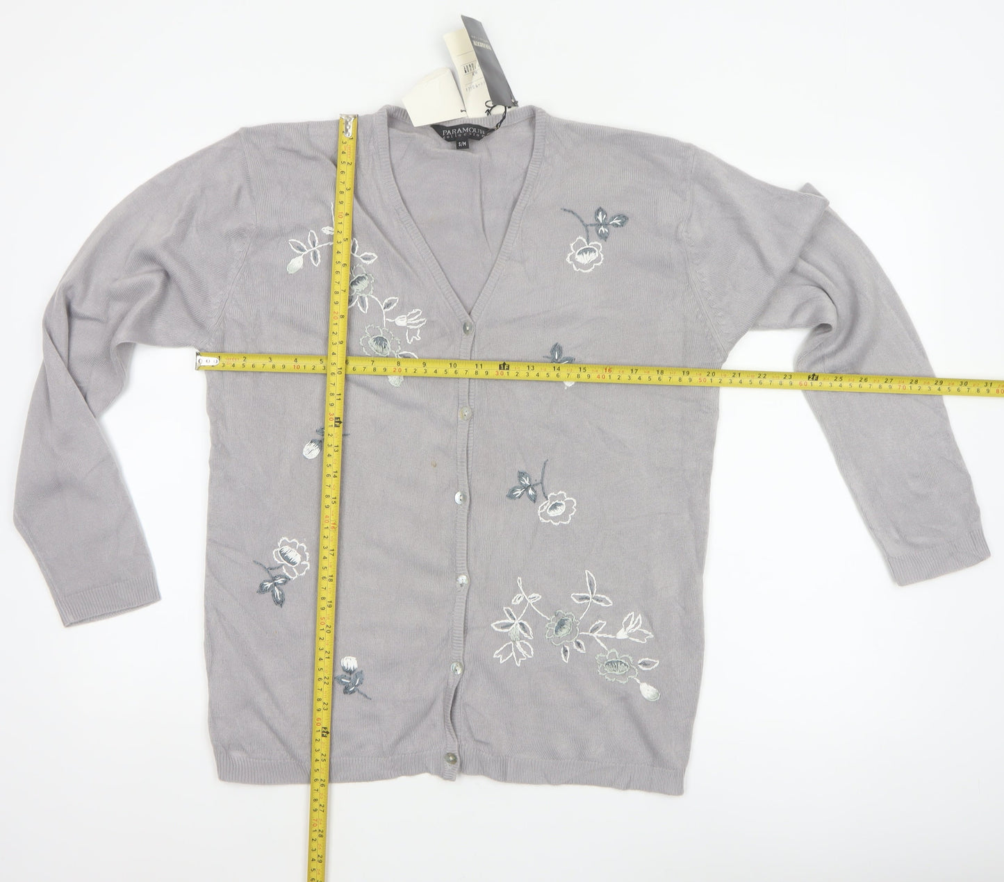 Paramour Women Grey M Floral Embroidered V-Neck Knit Cardigan