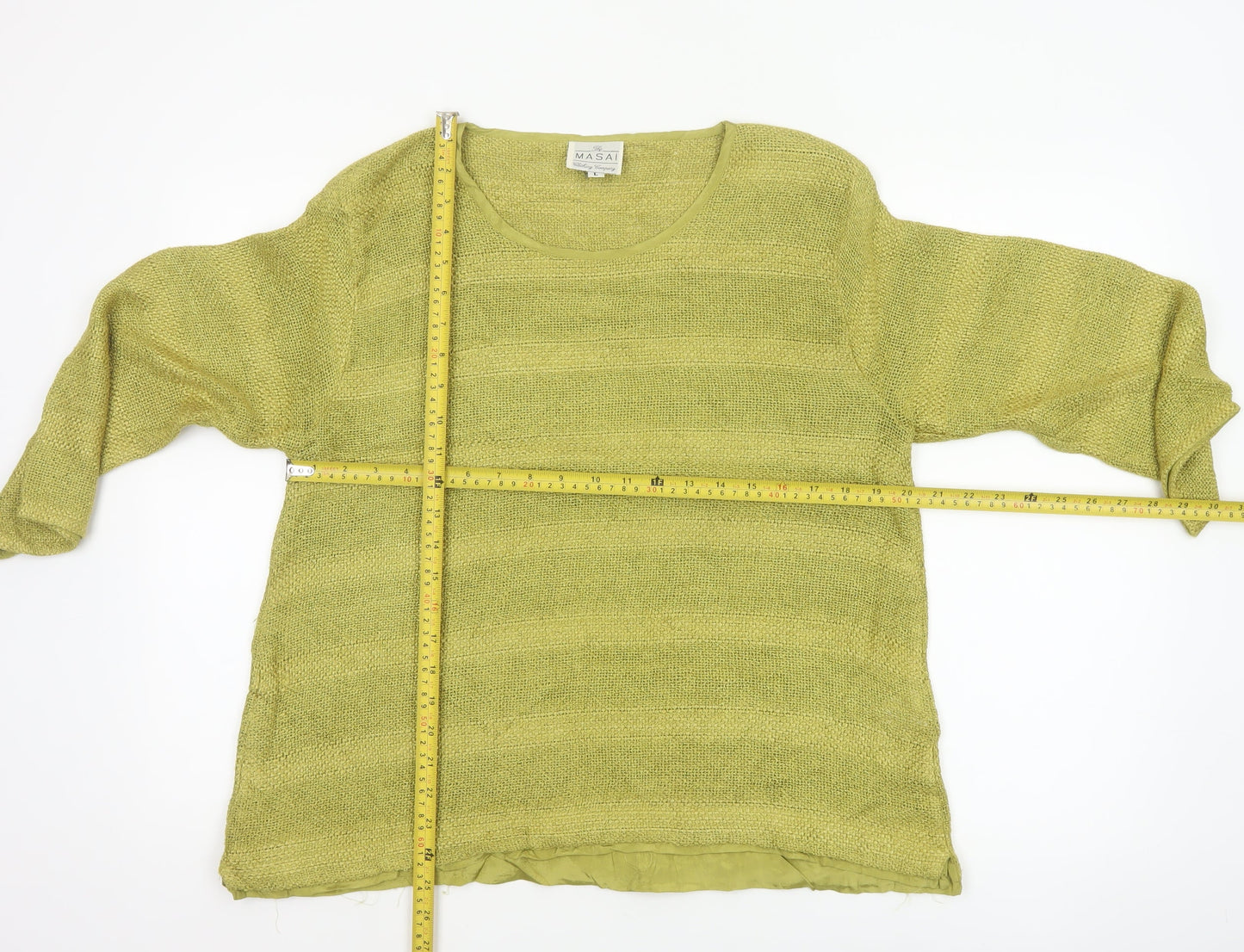 Masai Women Green L Open Knit Scoop Neck 3/4 Sleeve Jumper