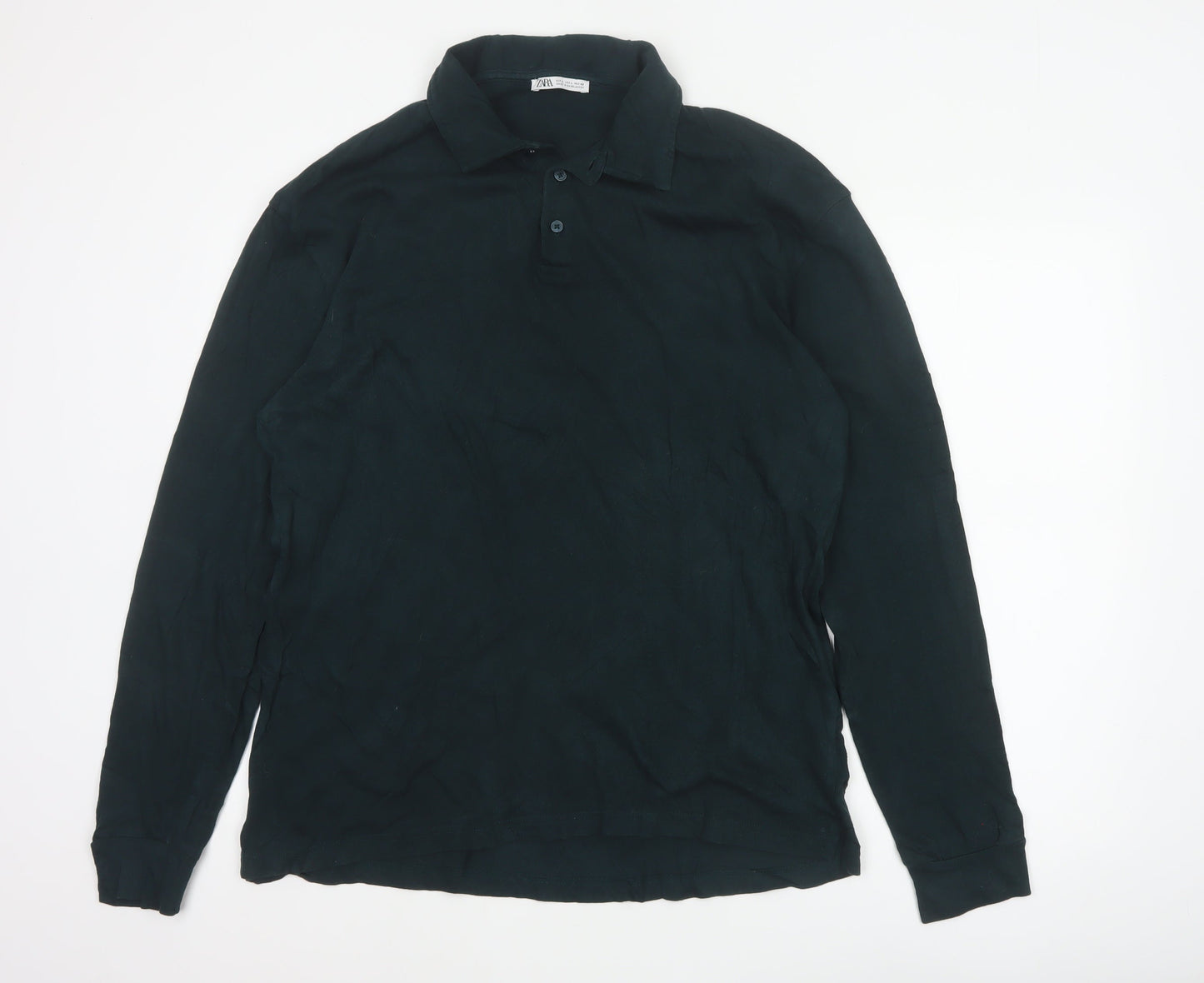Zara Men’s Black L Long Sleeve Cotton Polo Shirt Collared Button Casual