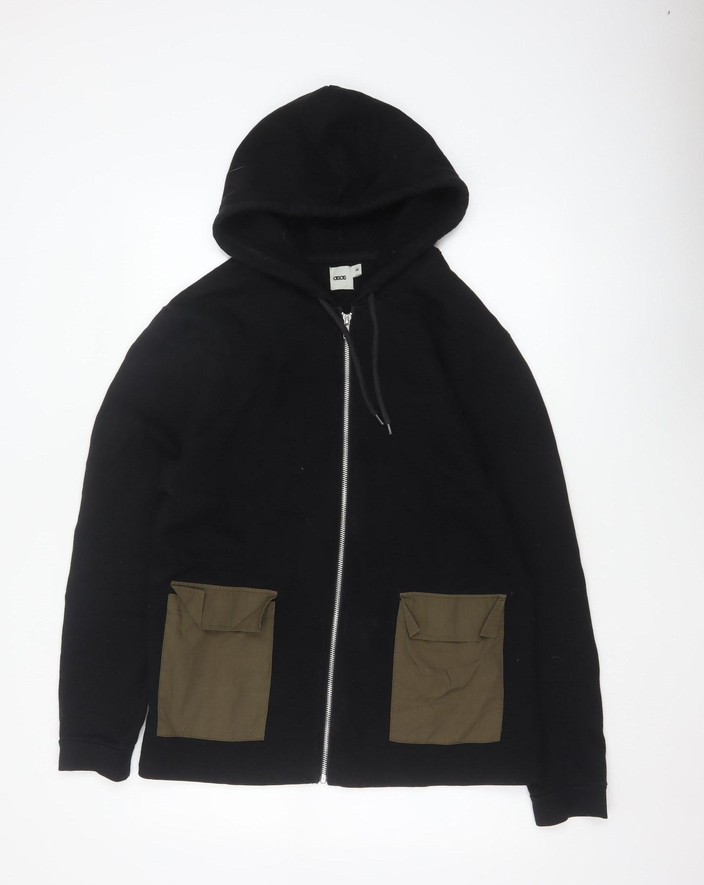 ASOS Men’s Black M Full Zip Hoodie Khaki Utility Pockets Cotton