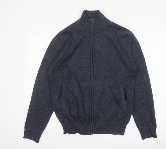Andevid Men’s Blue L Full Zip High Neck Knit Jumper Pockets