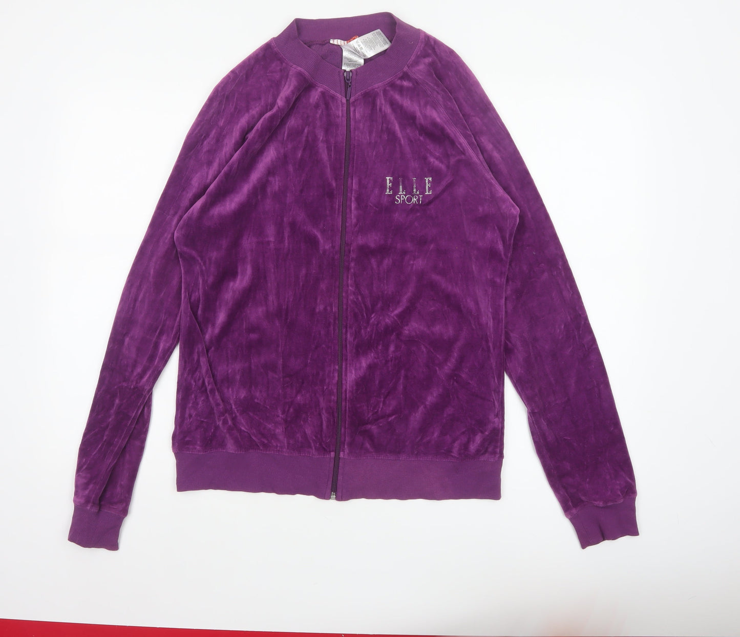 Elle Sport Women’s Purple XL Velour Bomber Jacket Rhinestone Heart