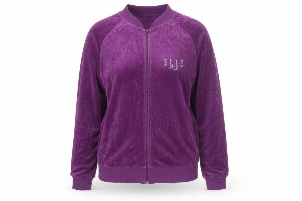 Front view of Elle Sport Women’s Purple XL Velour Bomber Jacket Rhinestone Heart