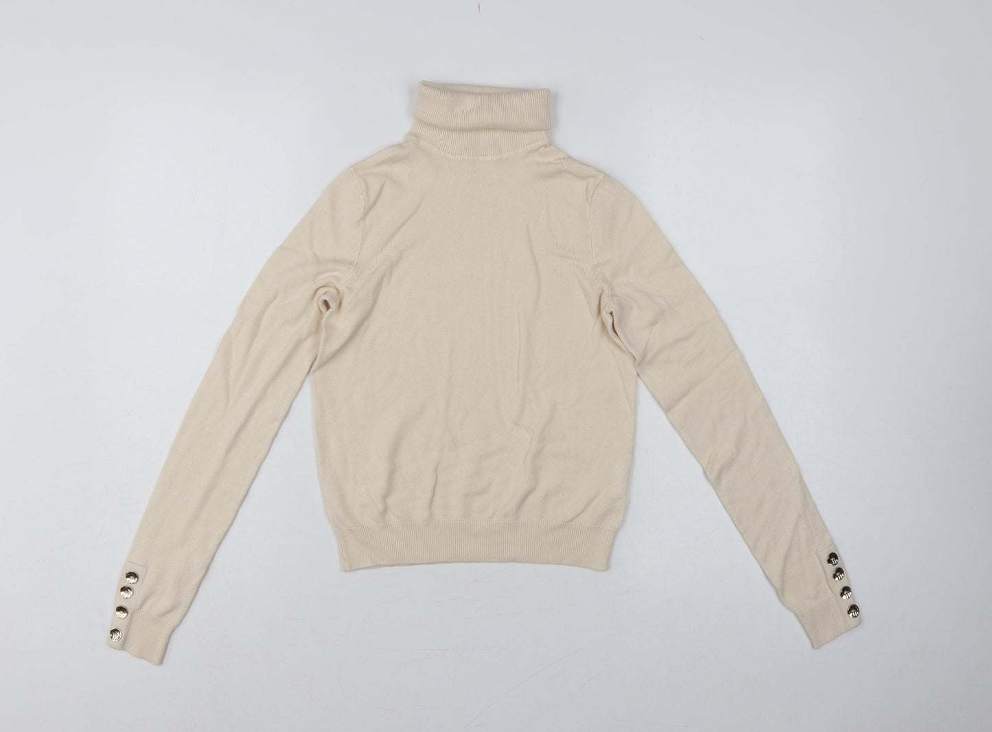 Pimkie Women Beige S Roll Neck Knit Pullover Jumper Button Cuffs